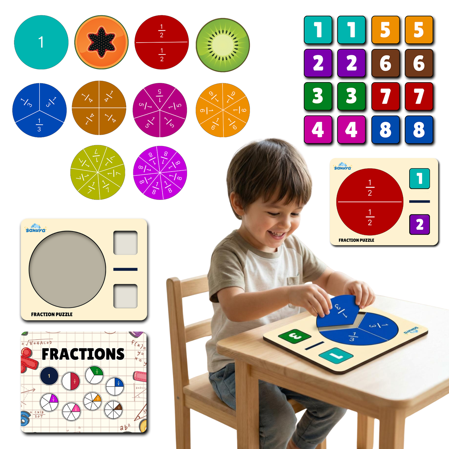Sakuya Fraction Puzzle Learning Toy for Kids | Hands-On Math Manipulative | Visual Fractions & Part-Whole Concepts | Early Learning, Homeschool, Classroom Use | STEM Educational Math Toy
