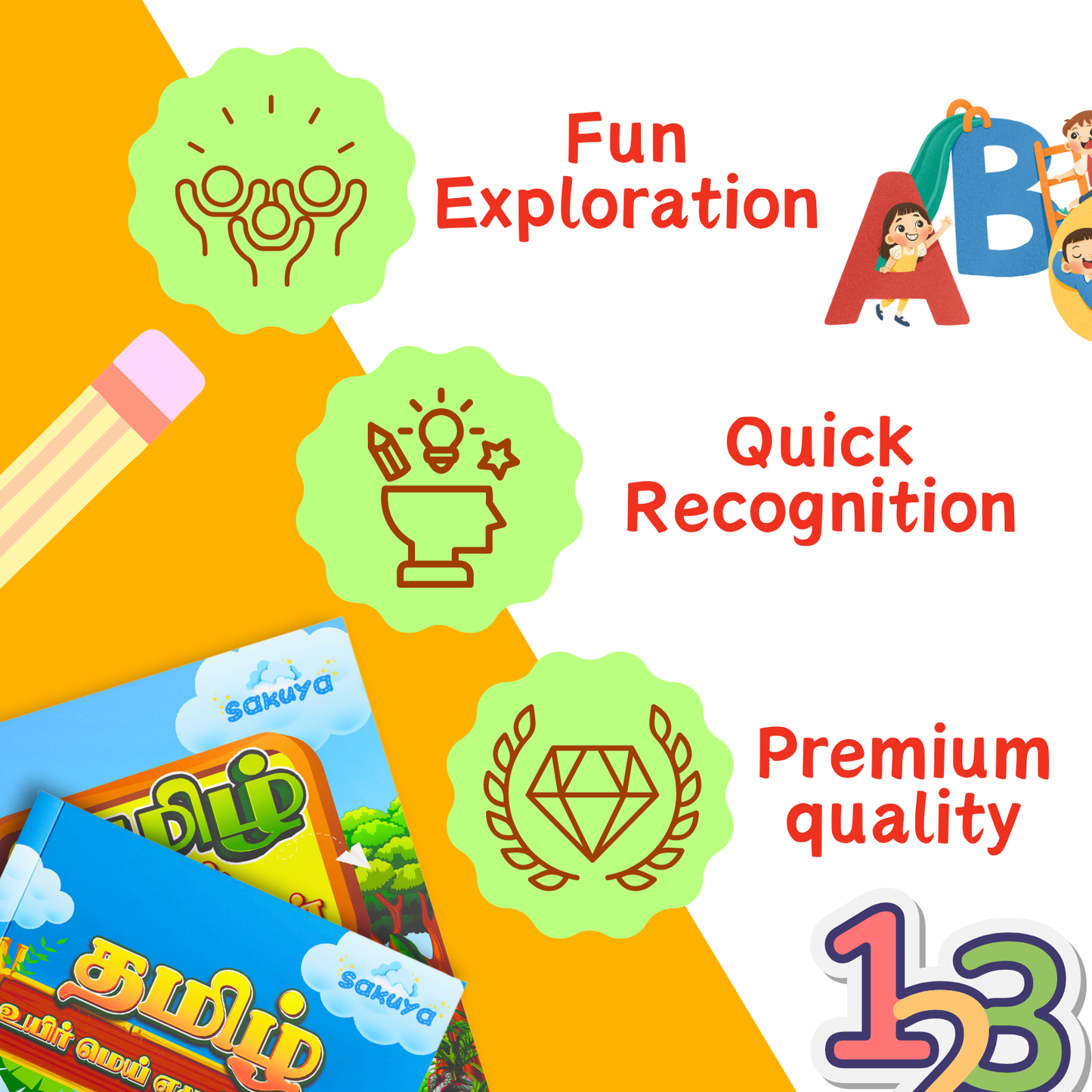 Sakuya Tamil Alphabet Books Set for Kids – Uyir, Mei & Uyir Mei Ezhuthukal, 3-Book Combo with Pictures for Preschool, LKG & UKG, Early Tamil Learning and Language Development
