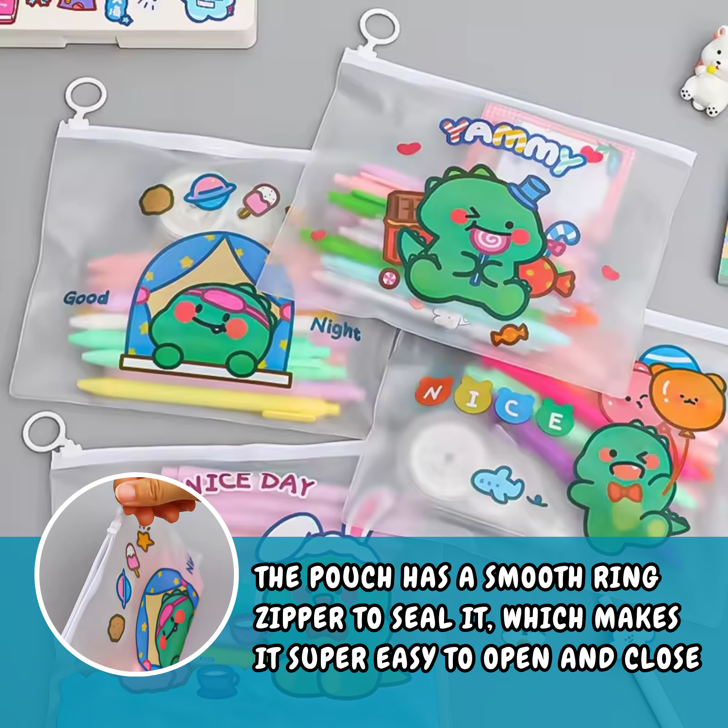 Sakuya Cute Cartoon Dinosaur Transparent Pencil Pouch for Student and Kids | Multipurpose Pouch Return Gifts | Birthday Return Gifts - Sakuya