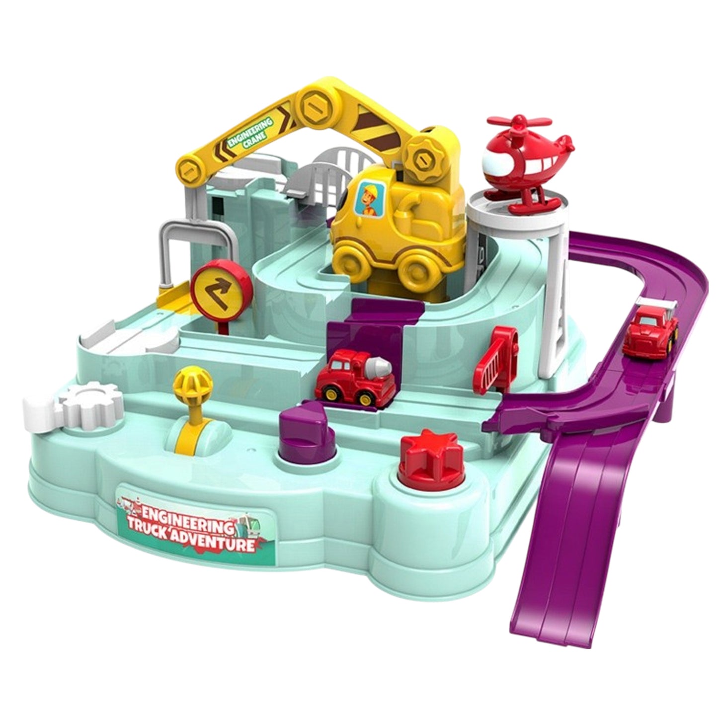 Sakuya Car Race Track Toy for Kids with Helicopter, Ramp, Slide, Manual Controls and Crane | Fun Learning Engineering Truck Adventure Set | Gift for Boys and Girls Ages 3+