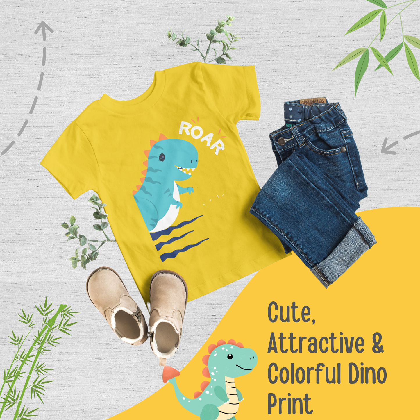 Sakuya Kids T-Shirt Regular Fit Unisex Cotton Dress with Attractive Dino Print| Half Sleeves - Perfect for Boys & Girls-Yellow - Sakuya