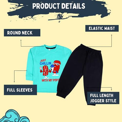 Sakuya Cute Fun Cartoon Print Breathable Cotton Full Sleeve Tshirt & Pant Clothing Set for Nightwear coord Set for Unisex Kids Boys Girls- Blue,Black) - Sakuya