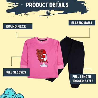 Sakuya Cute Fun Cartoon Print Breathable Cotton Full Sleeve Tshirt & Pant Clothing Set for Nightwear coord Set for Unisex Kids Boys Girls, Pink,Black) - Sakuya