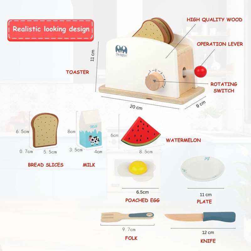 Sakuya Wooden Solid Little Toasty Toy Kitchen Wooden Toaster Play Set | Interactive Early Learning Toaster | Pretend Play Kitchen Toy Set - Sakuya