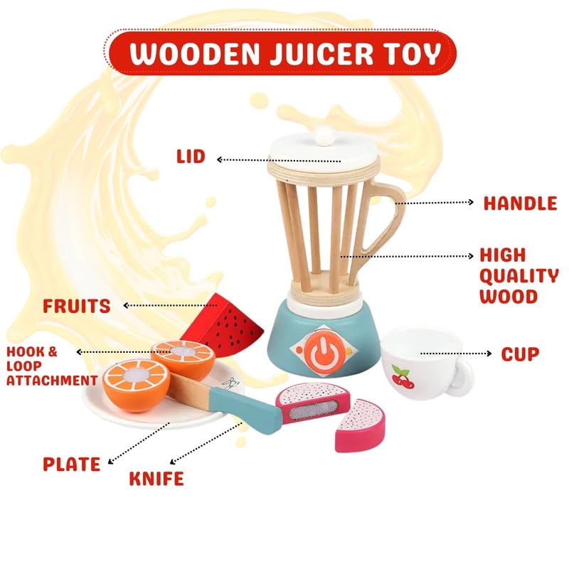 Sakuya Playbox My Own Brew Wooden Juice Extractor for Kids | Toddler Play Kitchen Accessories Gift for Girls and Boys | Smoothie Maker Blender Set with Play Food - Sakuya