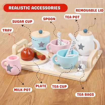 Sakuya Tea Set, Princess Kitchen Tea Party Pretend Play Toy, Wooden Tea Party Set for Toddlers, Kid Afternoon Tea Set with Teapot, Cups, Spoon, Fruit, Birthday Gift - Sakuya