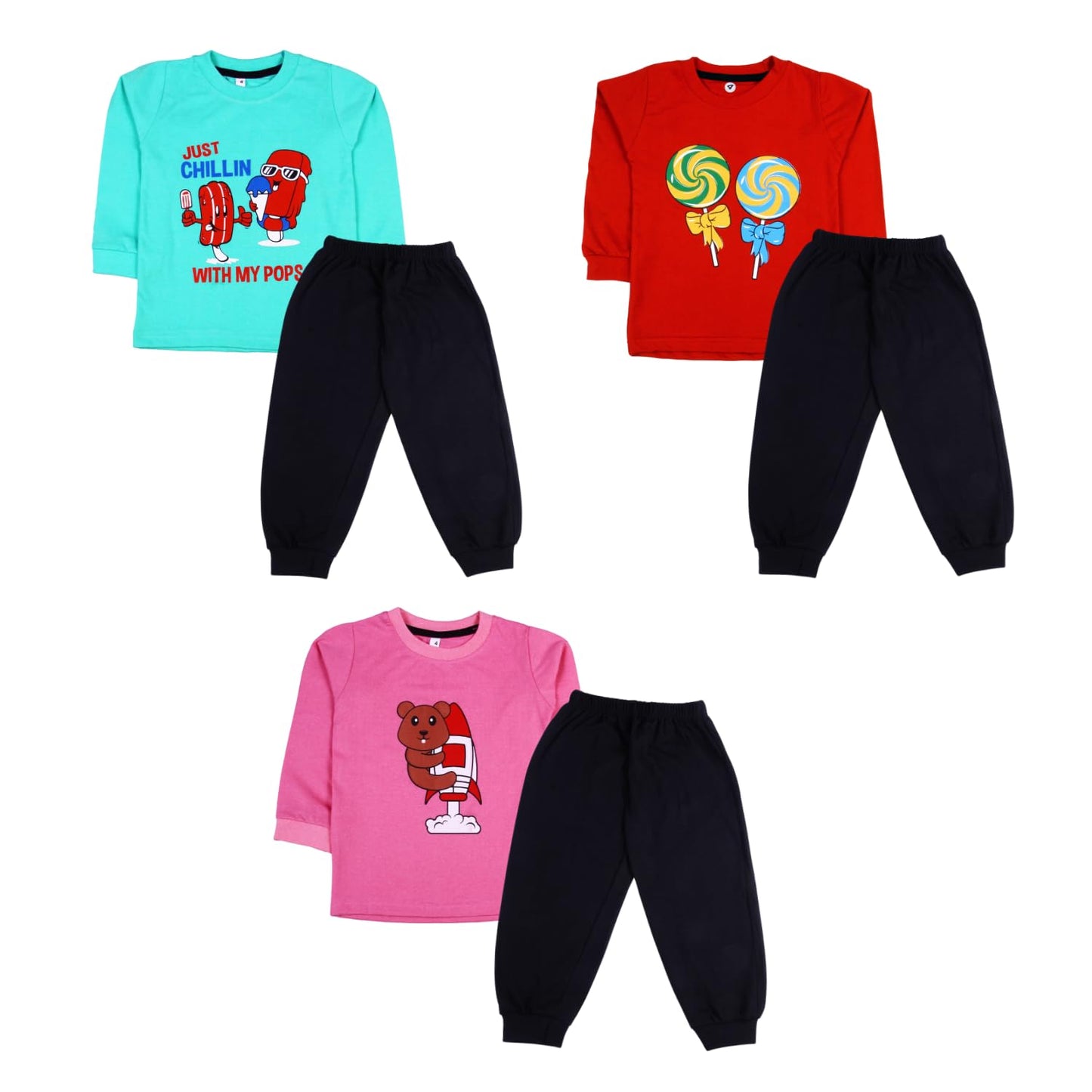 Sakuya Kids Clothing Set Night Suits Round Neck Full Sleeve T-Shirt & Pant Soft, Breathable 100% Cotton Sleepwear Baby Boys & Girls - Pajama Set | Unisex Kids Dress Sleepsuits Pack of 3, Multicolour - Sakuya